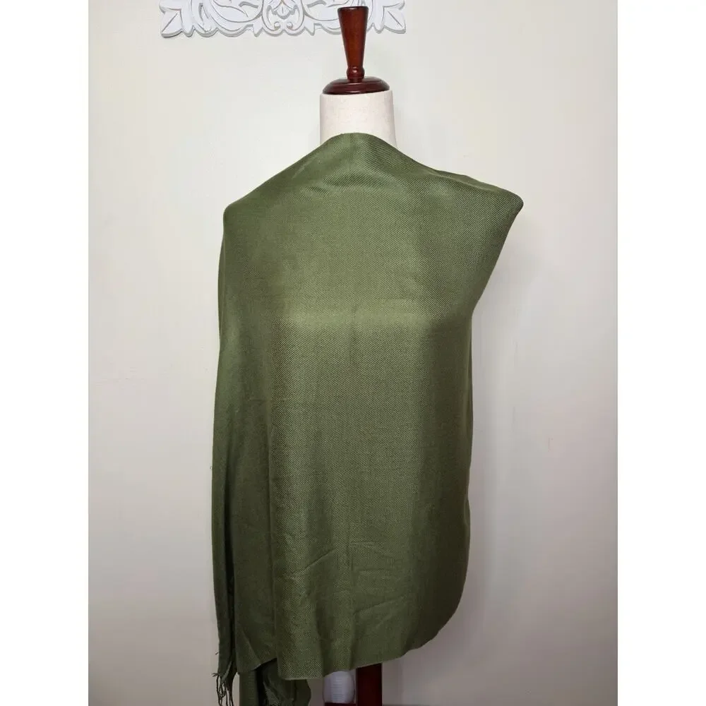 Olive Green Twill Scarf Long Rectangle Wrap Shawl Fringe Solid Green 80
